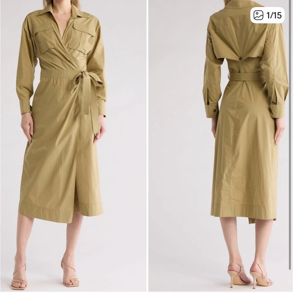 A.L.C. Khaki Long Sleeve Wrap Trench Midi Dress